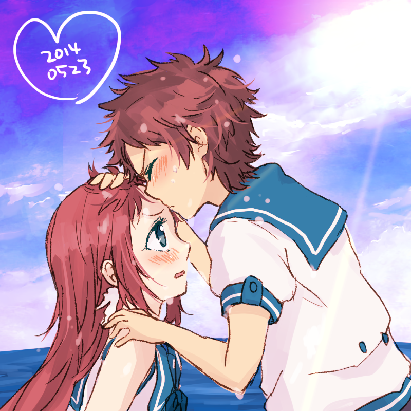1boy, 1girl, blue_eyes, brown_hair, closed_eyes, couple, forehead_kiss, kiss