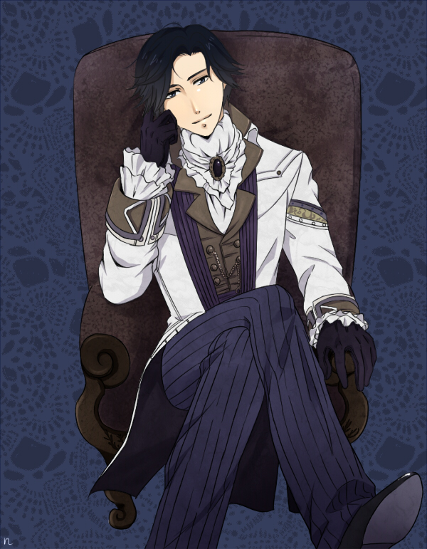 bad_id, black_hair, chair, chin_rest, cravat, gloves, granado_espada, male, pinstripe, pinstripe_pattern, sitting, smile, solo, wizard_(granado_espada)