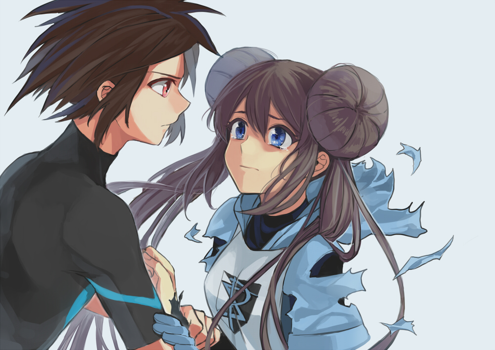 1boy, 1girl, blue_eyes, bodysuit, brown_hair, double_bun, eye_contact, kyouhei_(pokemon)