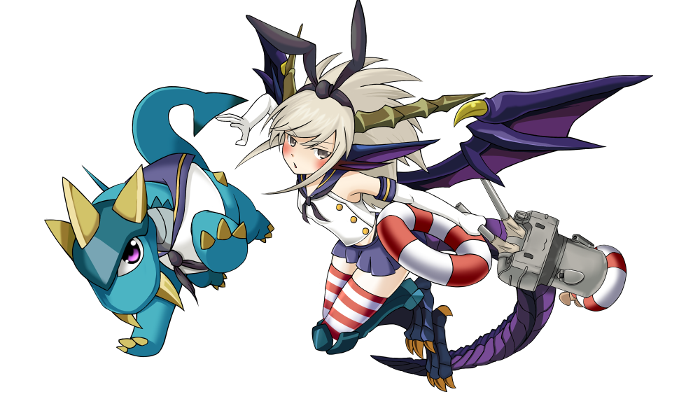 1girl, blonde_hair, blue_dragon_caller_sonia, brown_eyes, dragon, dragon_girl, dragon_tail, dragon_wings, elbow_gloves, gloves, hair_ornament, innertube, kantai_collection, puzzle_&amp;_dragons, rensouhou-chan, shimakaze_(kantai_collection), skirt, striped, striped_legwear, tail, thigh-highs, umachin, wings
