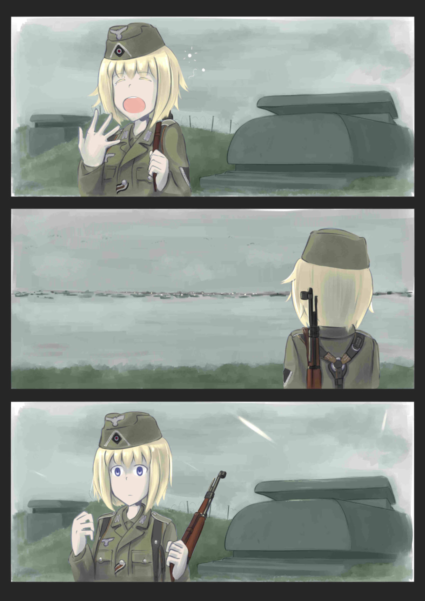 1girl, 3koma, absurdres, barbed_wire, blonde_hair, bolt_action, border, bunker, clouds, cloudy_sky, comic, commentary, erica_(naze1940), garrison_cap, german, hat, highres, historical_event, mauser_98, military, military_uniform, ocean, open_mouth, original, ship, sky, sling, soldier, solo, uniform, violet_eyes, war, water, weapon, world_war_ii, yawning