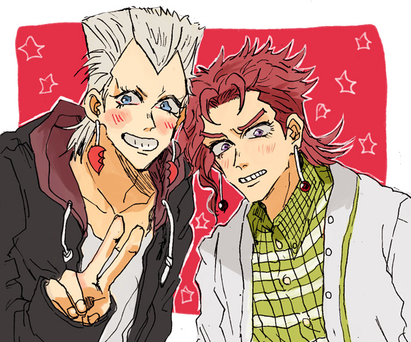 2boys, blue_eyes, blush, contemporary, earrings, grey_hair, hoodie, jean_pierre_polnareff