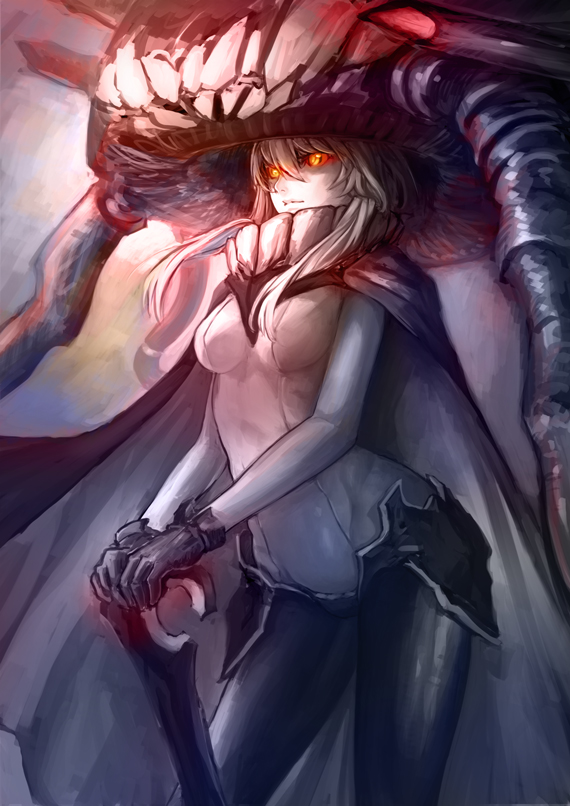 1girl, glowing, glowing_eyes, kantai_collection, orange_eyes, shinkaisei-kan, staff, sturmjager
