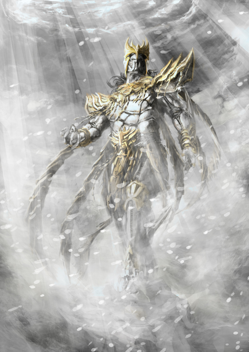 1boy, armor, belt, clouds, dark_clouds, highres, kamen_rider, kamen_rider_kuuga_(series), male, n-daguva-zeba, singokuwazuru, snow, snowstorm, solo, standing