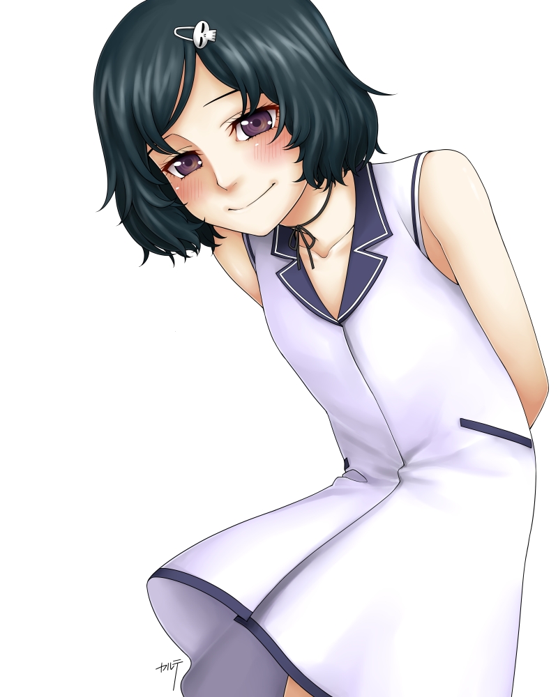 1boy, arms_behind_back, black_hair, blush, dress, hair_ornament, hairclip, karute, male, short_hair, skull_hair_ornament, smile, solo, steins;gate, trap, urushibara_ruka, violet_eyes