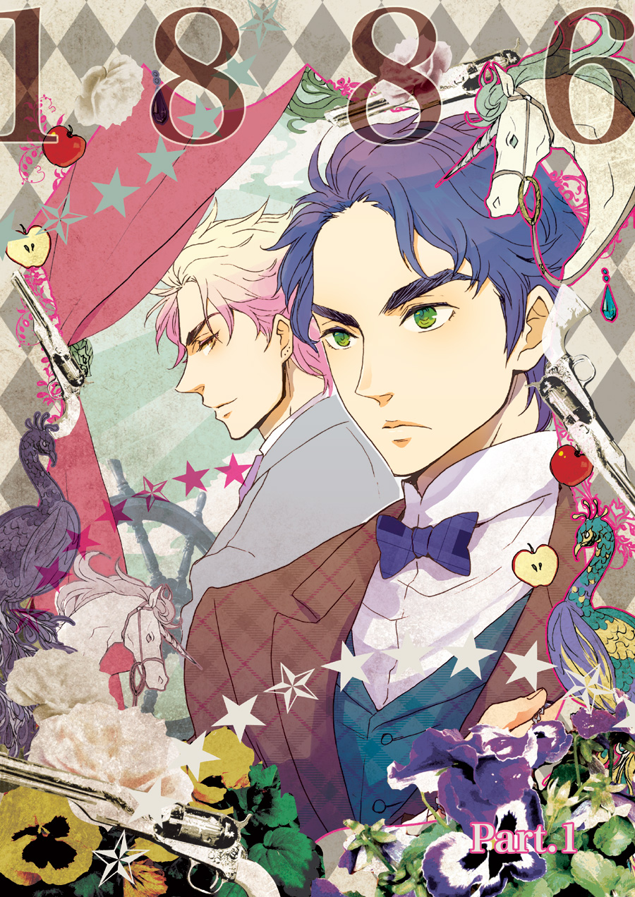 2boys, ayaco_cc, blonde_hair, blue_hair, bowtie, dio_brando, green_eyes, highres