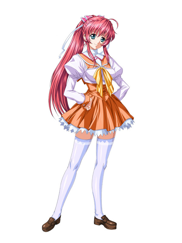 1girl, green_eyes, happy_princess, himeno_mizusawa, long_hair, pink_hair, school_uniform, thigh-highs