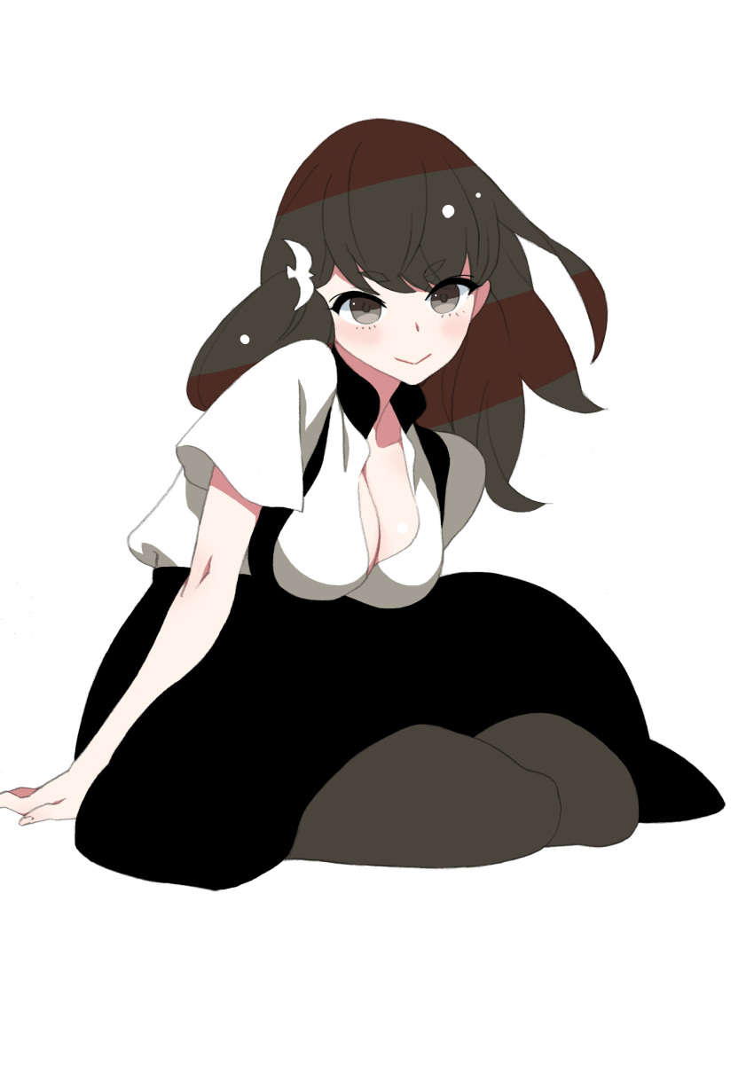 1girl, blush, breasts, brown_eyes, brown_hair, cleavage, female, fetishist