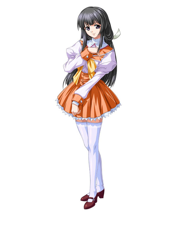 1girl, black_eyes, black_hair, happy_princess, long_hair, school_uniform, shizuha_morinomiya, thigh-highs, yokota_mamoru, zettai_ryouiki
