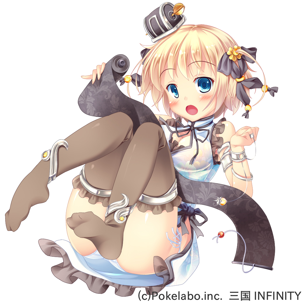 1girl, blonde_hair, blue_eyes, blush, breasts, cleavage, convenient_leg, hat