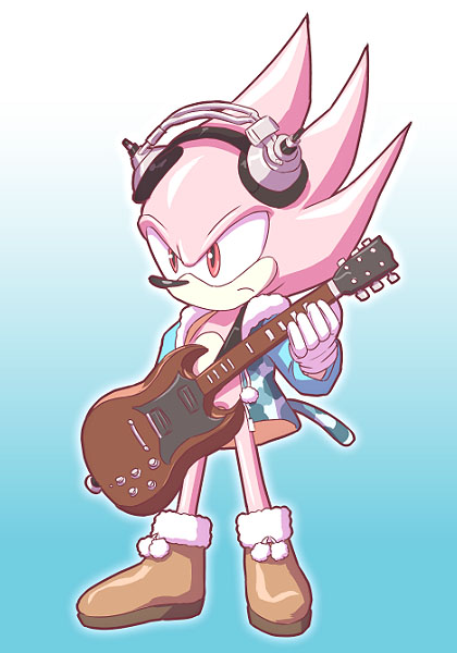1boy, alternate_color, cat_tail, cosplay, guitar, headphones, hoodie, instrument, nitroplus, pom_pom_(clothes), red_eyes, simple_background, sonic_(series), sonic_the_hedgehog, stmk64, super_sonic, super_sonico, super_sonico_(cosplay), tail