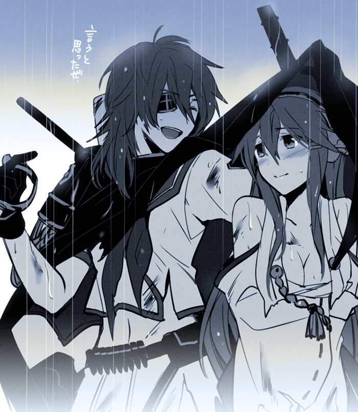 2girls, bare_shoulders, blush, chikage_(kinokodou), cleavage, eyepatch, haruna_(kantai_collection), injuries, kantai_collection, kiso_(kantai_collection), midriff, open_mouth, rain, smile, tagme