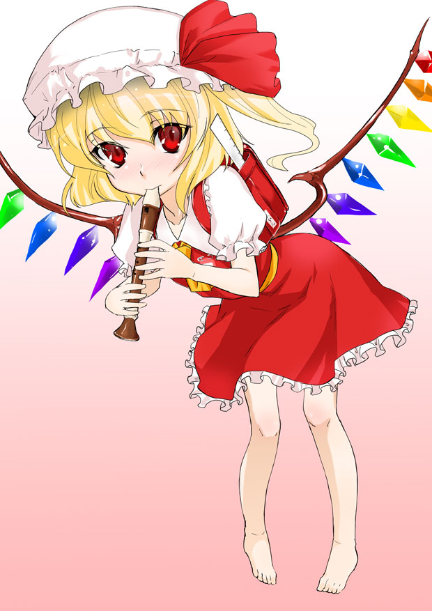 bag, barefoot, blonde_hair, feet, flandre_scarlet, instrument, meshiya, recorder