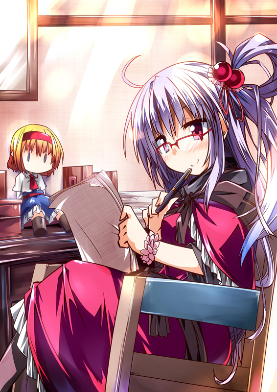 1girl, alice_margatroid, asymmetrical_hair, bespectacled, blonde_hair, blue_eyes, blush, chair