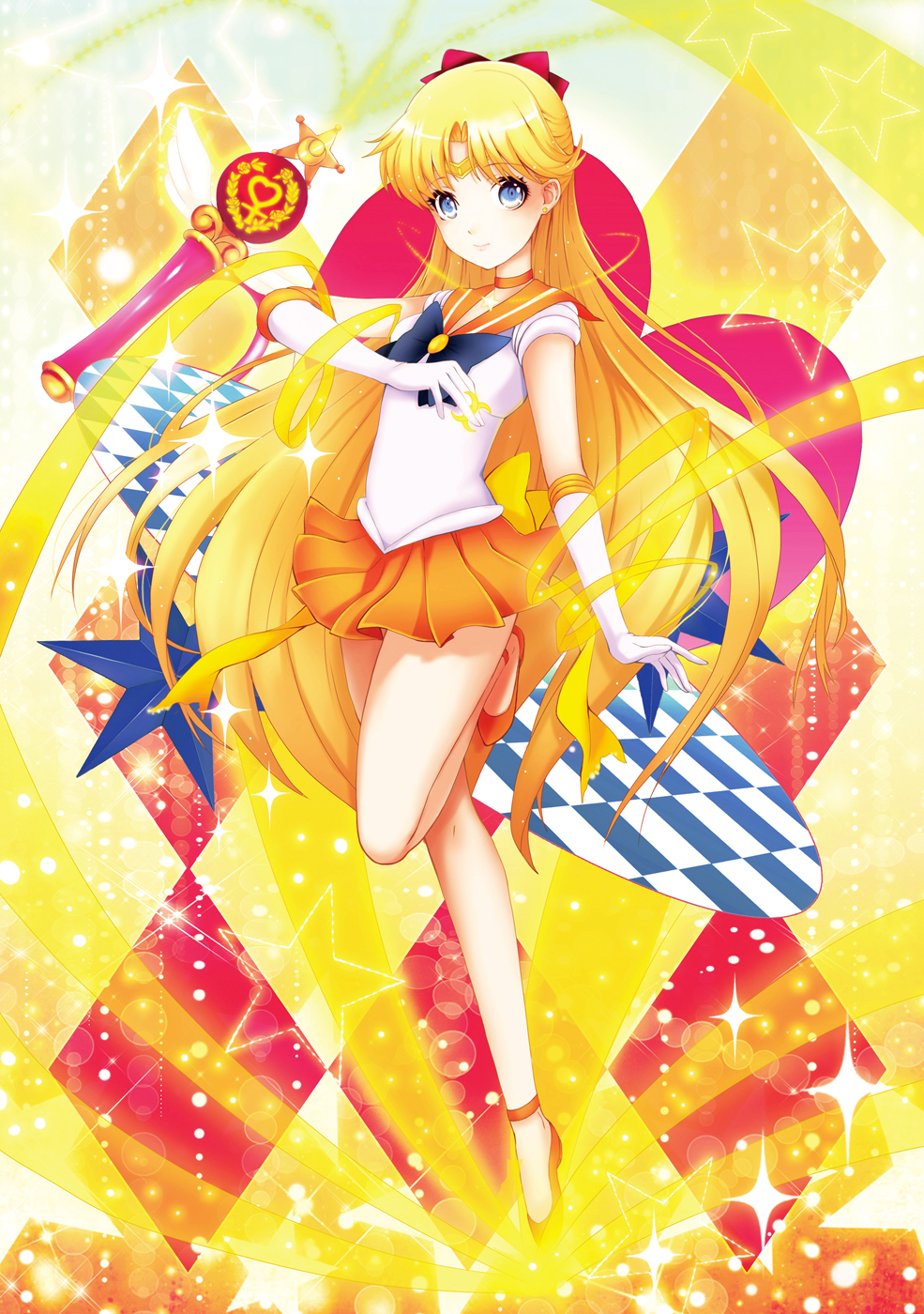 1girl, aino_minako, bishoujo_senshi_sailor_moon, blonde_hair, blue_eyes, bow, choker, elbow_gloves