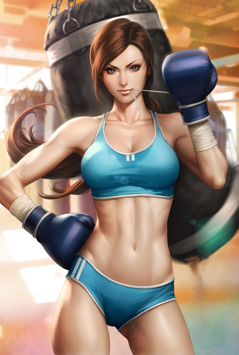 1girl, abs, blue_eyes, boxing_gloves, breasts, brown_hair, cleavage, hand_on_hip