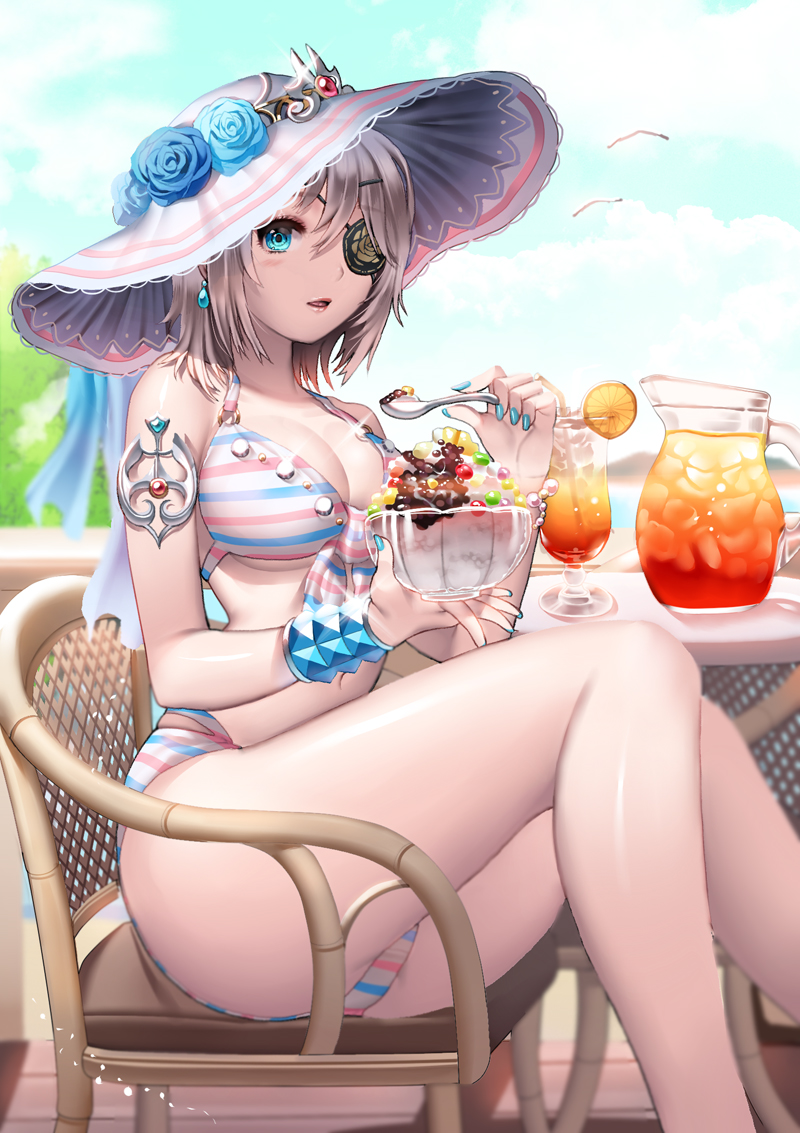 1girl, armlet, bangle, bikini, bird, blue_eyes, blush, bracelet