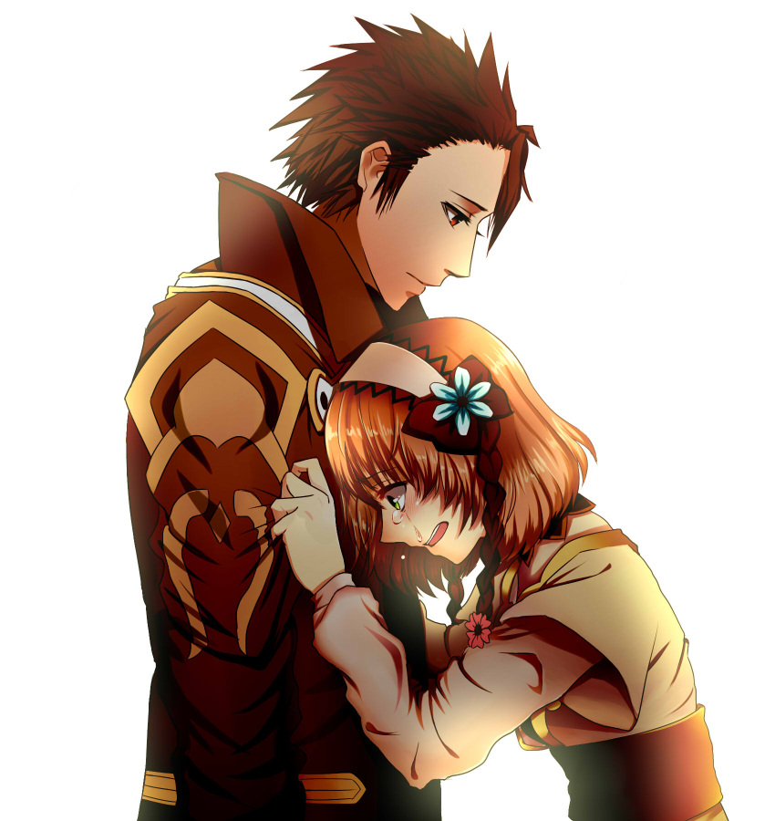 1boy, 1girl, alvin_(tales), brown_eyes, brown_hair, coat, flower, green_eyes