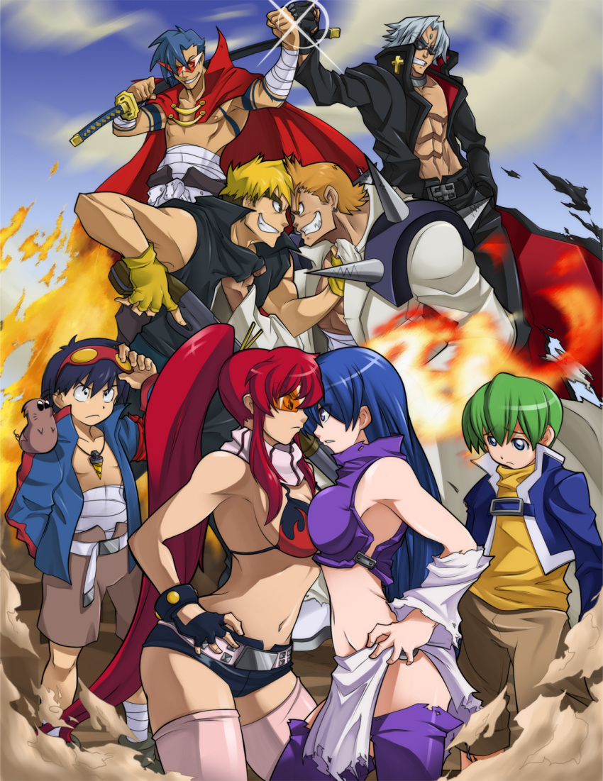 6+boys, abs, adam_blade, bikini_top, boota, breast_press, breasts, cape, crossover, cruz_schild, eve_neuschwanstein, fingerless_gloves, fist_bump, fundoshi, gloves, goggles, goggles_on_head, gun, highres, kamina, katana, kittan, loincloth, multiple_boys, multiple_girls, navel, needless, ponytail, red_hair, redhead, rifle, simon, spikewible, sunglasses, sword, symmetrical_docking, tengen_toppa_gurren_lagann, teruyama_momiji, thigh-highs, thighhighs, weapon, yoko_littner, yoko_ritona