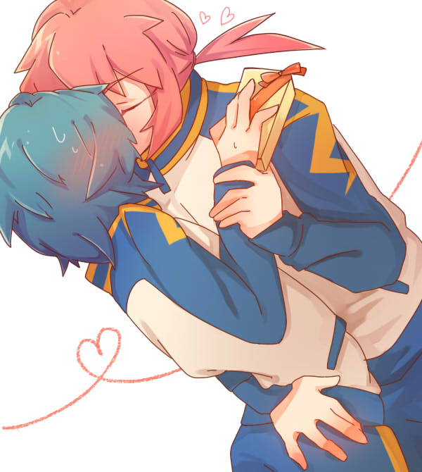 2boys, aqua_hair, blush, closed_eyes, heart, inazuma_eleven_(series), inazuma_eleven_go, kariya_masaki