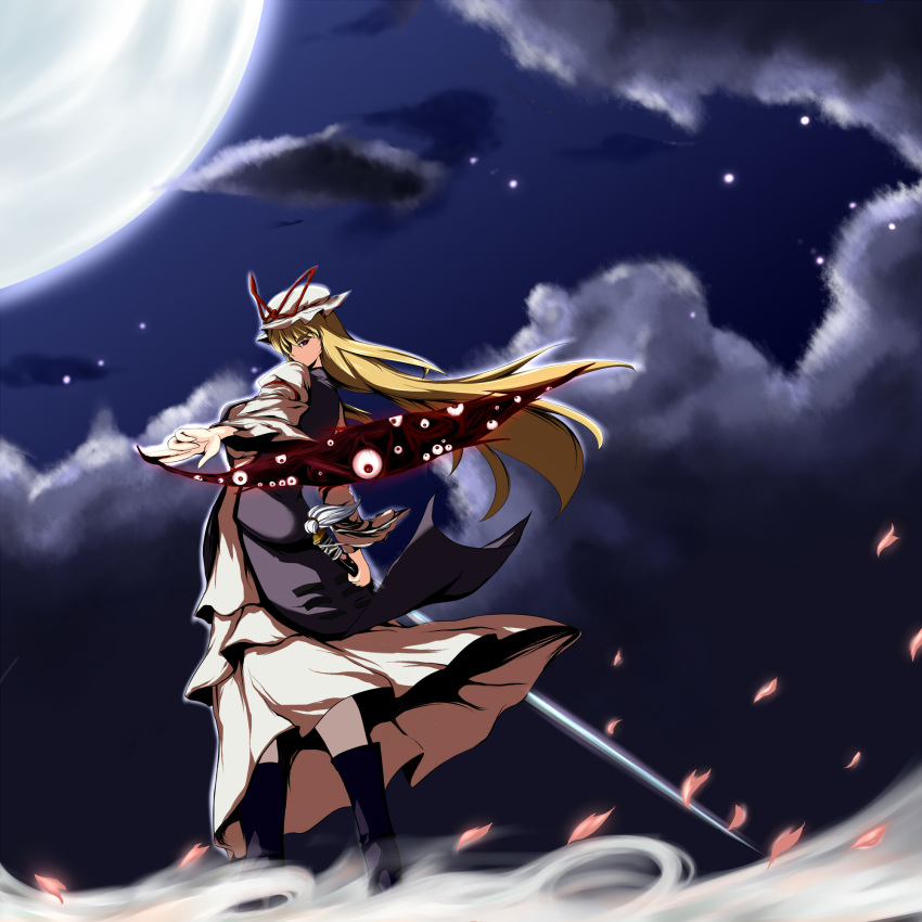 blonde_hair, cloud, clouds, eyeball, eyebrows, gap, hat, highres
