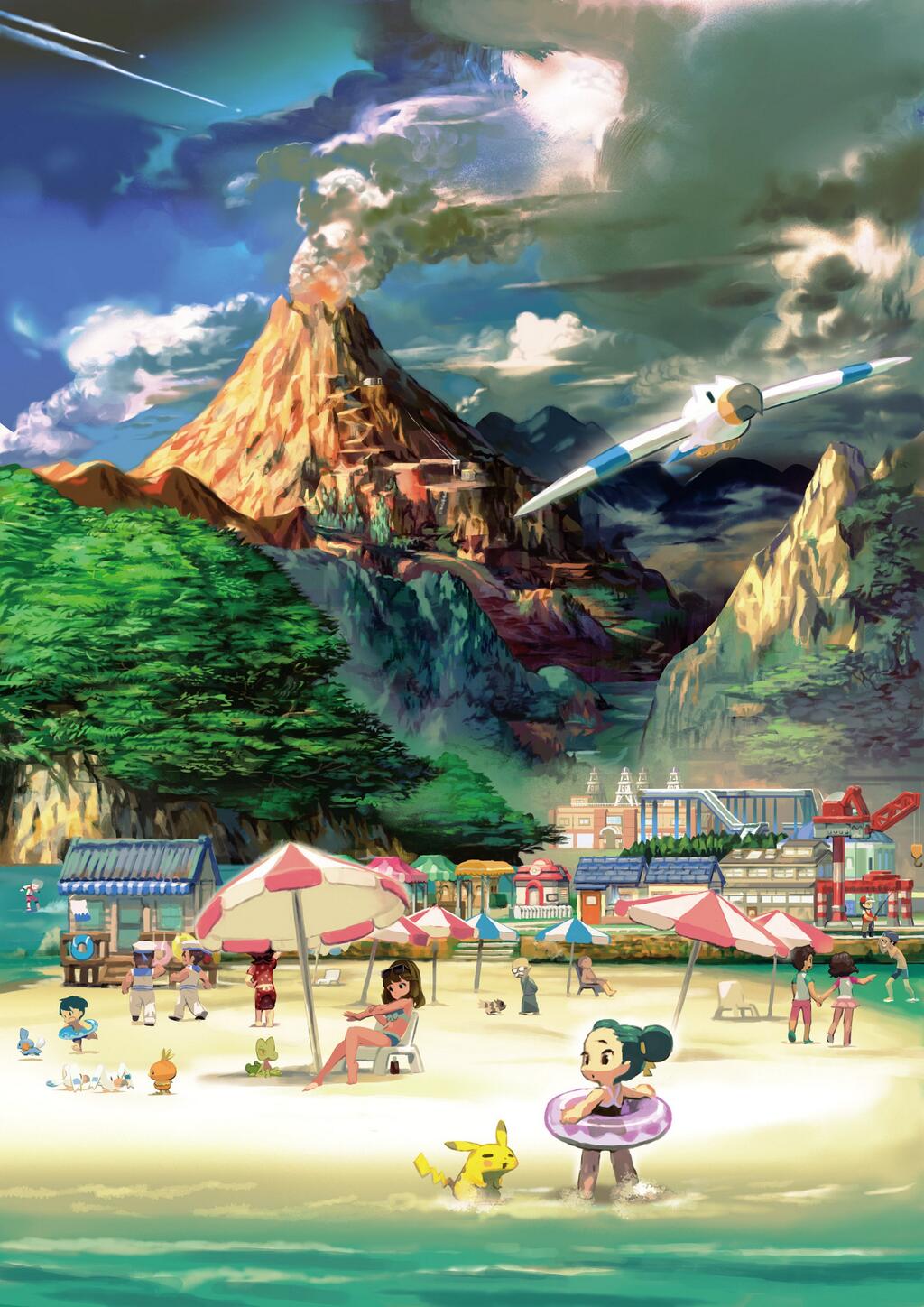 artist_request, beach, character_request, crane, fisherman_(pokemon), highres, innertube, mudkip