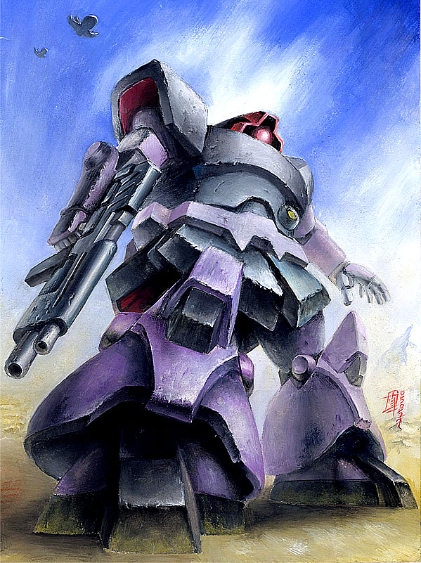 aircraft, blue_sky, clouds, dom, dopp_(gundam), from_below, gun, gundam