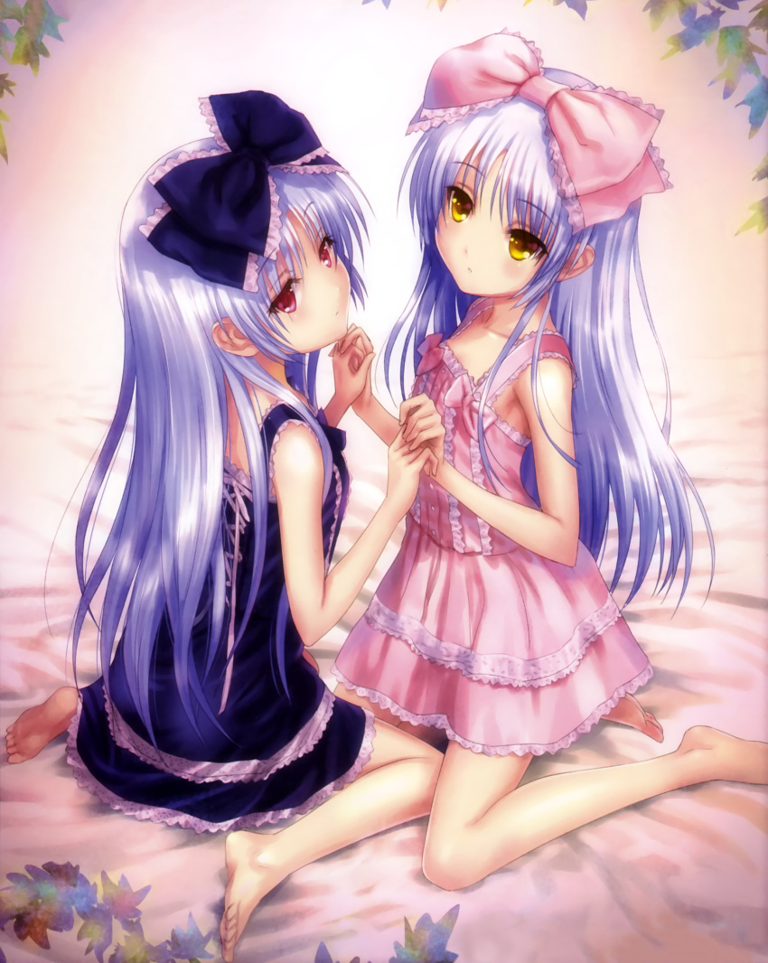 2girls, absurdres, angel, angel_beats!, bare_shoulders, barefoot, bow, clone, dress, dual_persona, feet, frills, gothic_lolita, goto_p, hair_bow, hibiki, hibiki_no_mahou, highres, holding_hands, lolita_fashion, long_hair, multiple_girls, pink_dress, red_eyes, scan, shiiraasan, silver_hair, sweet_lolita, tachibana_kanade, yellow_eyes