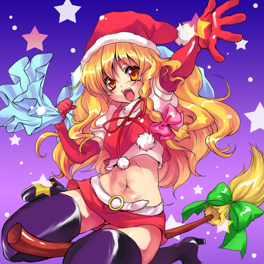 blonde_hair, boots, braid, broom, christmas, elbow_gloves, gloves, hat