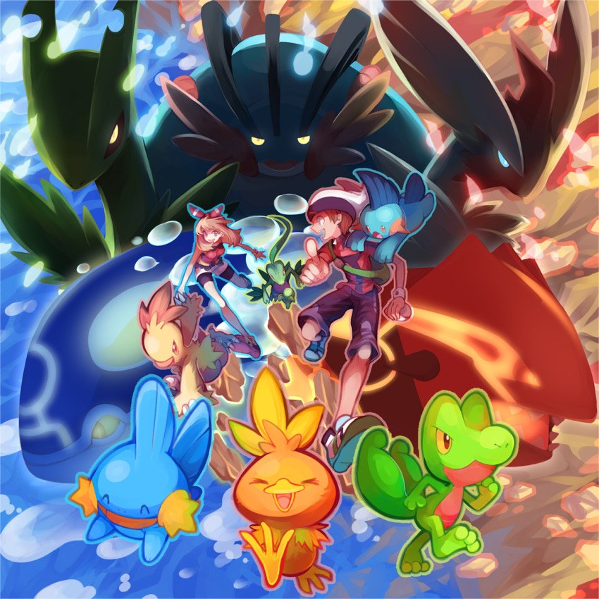 1boy, 1girl, backpack, bag, bike_shorts, blaziken, brown_hair, combusken