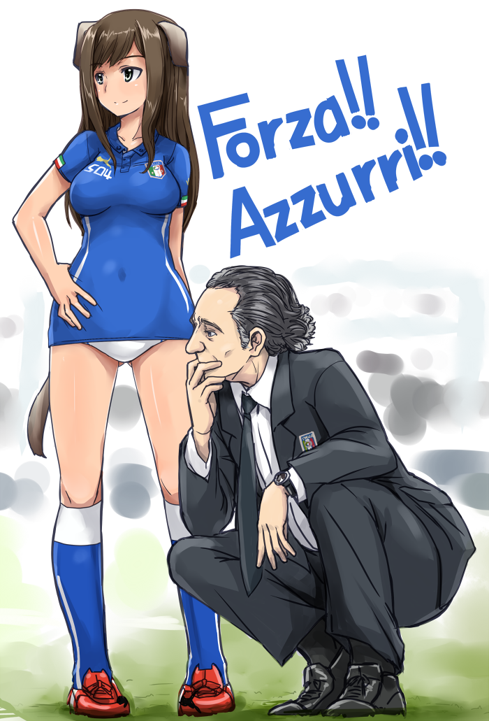 1boy, 1girl, animal_ears, black_hair, cesare_prandelli, federica_n_doglio, football_uniform, italian