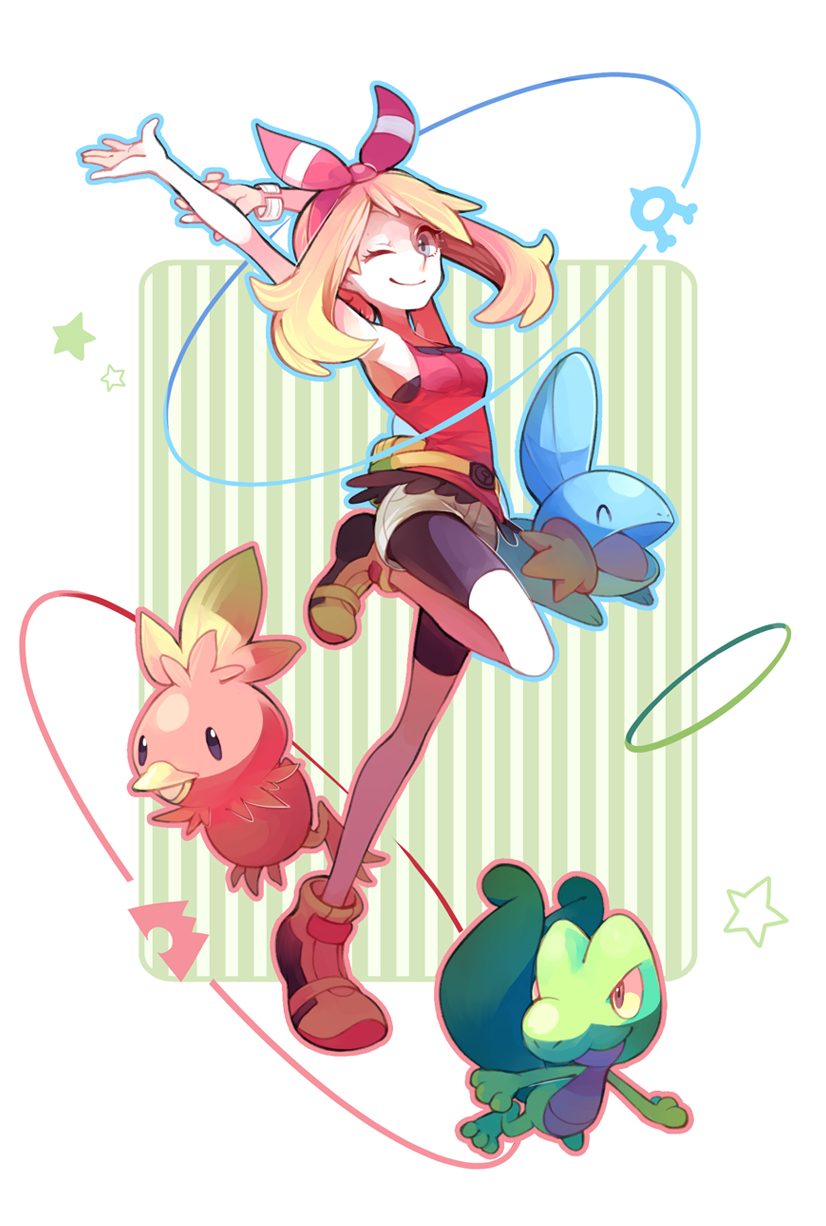 1girl, ;), arms_up, bike_shorts, blue_eyes, brown_hair, fanny_pack, hair_ribbon, haruka_(pokemon), haruka_(pokemon)_(remake), highres, huan_li, looking_at_viewer, mudkip, pokemon, pokemon_(creature), pokemon_(game), pokemon_oras, ribbon, sleeveless, sleeveless_shirt, solo_focus, torchic, treecko, two_side_up, wink, wristband