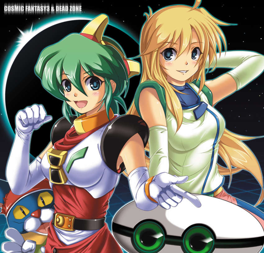 2girls, armor, belt, blonde_hair, carry_(dead_zone), cat, clenched_hand, copyright_name
