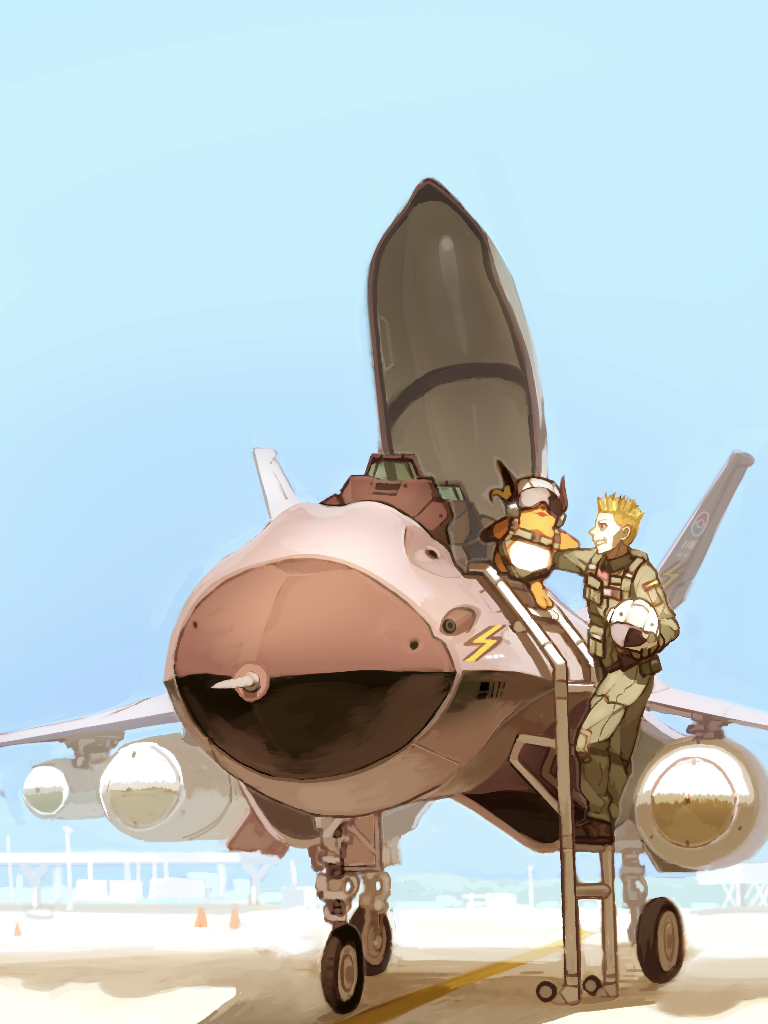 1boy, airplane, blonde_hair, grin, gym_leader, helmet, ladder, lightning_bolt