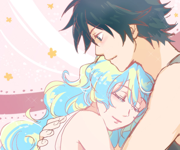 1boy, 1girl, closed_eyes, couple, hetero, hug, multicolored_hair, nia_teppelin, simon, smile, taira_momen, tengen_toppa_gurren_lagann, two-tone_hair