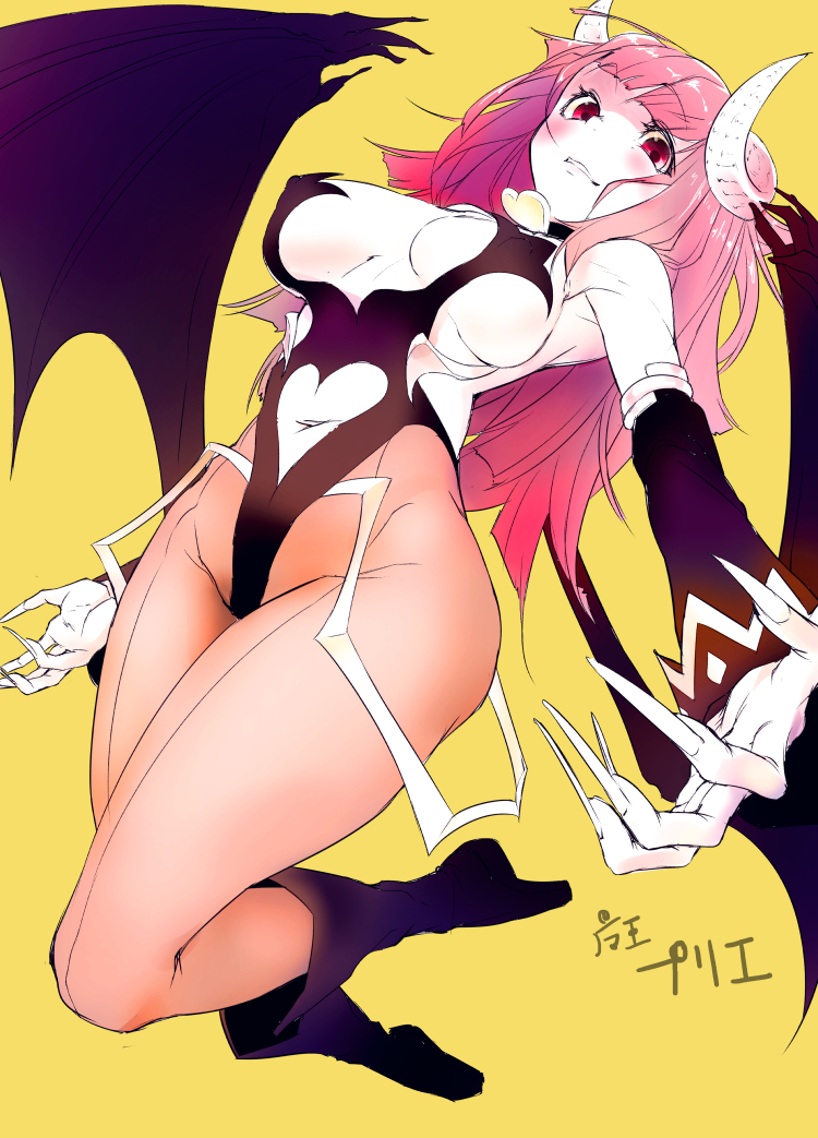 1girl, breasts, grin, horns, la_pucelle, large_breasts, long_hair, looking_at_viewer