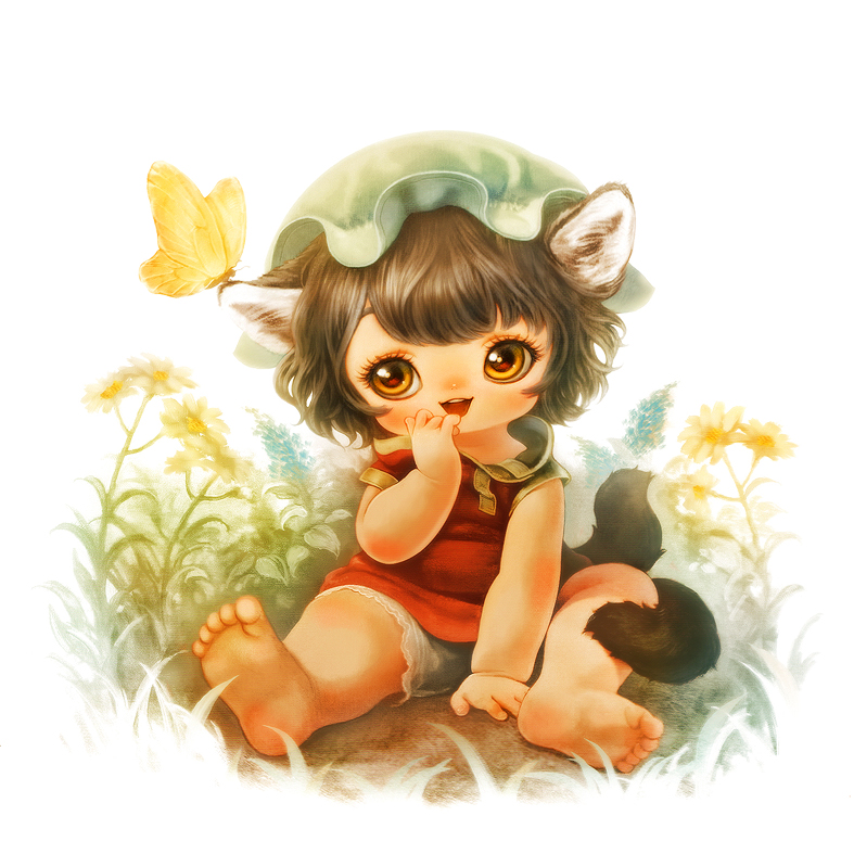 1girl, animal_ears, bare_legs, barefoot, bloomers, brown_hair, butterfly_on_head, cat_ears