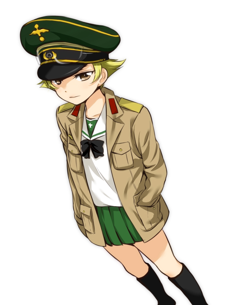 1girl, blonde_hair, boots, bowtie, erwin, girls_und_panzer, hands_in_pockets, hat