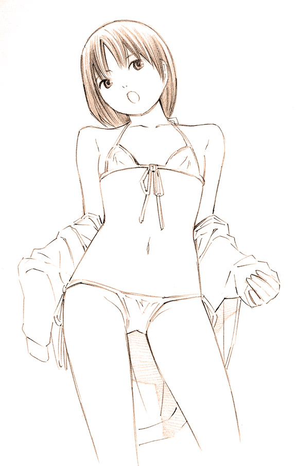 1girl, bikini, monochrome, original, short_hair, sketch, solo, swimsuit