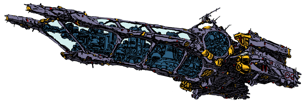 80s, macross, macross_flashback_2012, mecha, megaroad-01, miyatake_kazutaka, official_art, production_art, sdf-2, simple_background, solo, spaceship