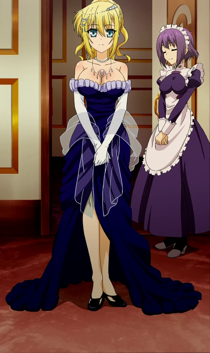 apron, blonde_hair, blue_eyes, boots, breasts, cleavage, closed_eyes, cosette_shelley