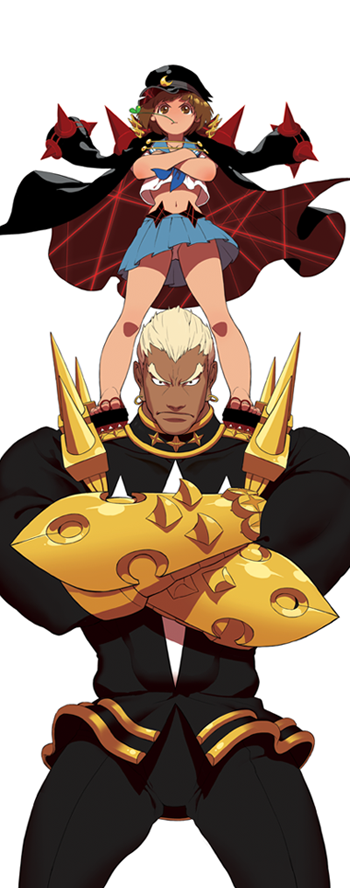 1boy, 1girl, banchou, blonde_hair, brown_hair, crossed_arms, dark_skin, gamagoori_ira