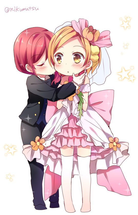 2girls, blush, chibi, closed_eyes, dress, formal, hoshizora_rin, hug