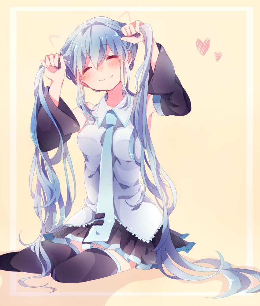 1girl, :3, ^_^, aqua_hair, blush, bunching_hair, closed_eyes, hatsune_miku, heart, long_hair, necktie, sitting, smile, solo, thigh-highs, twintails, very_long_hair, vocaloid, yuuuuri