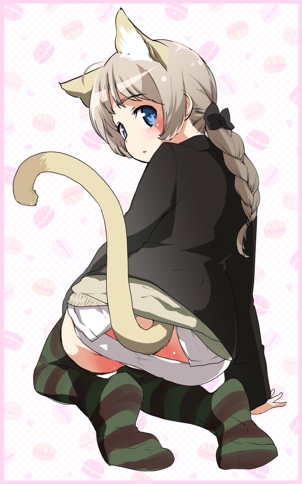 1girl, animal_ears, ass, blue_eyes, blush, braid, brown_hair, cat_ears