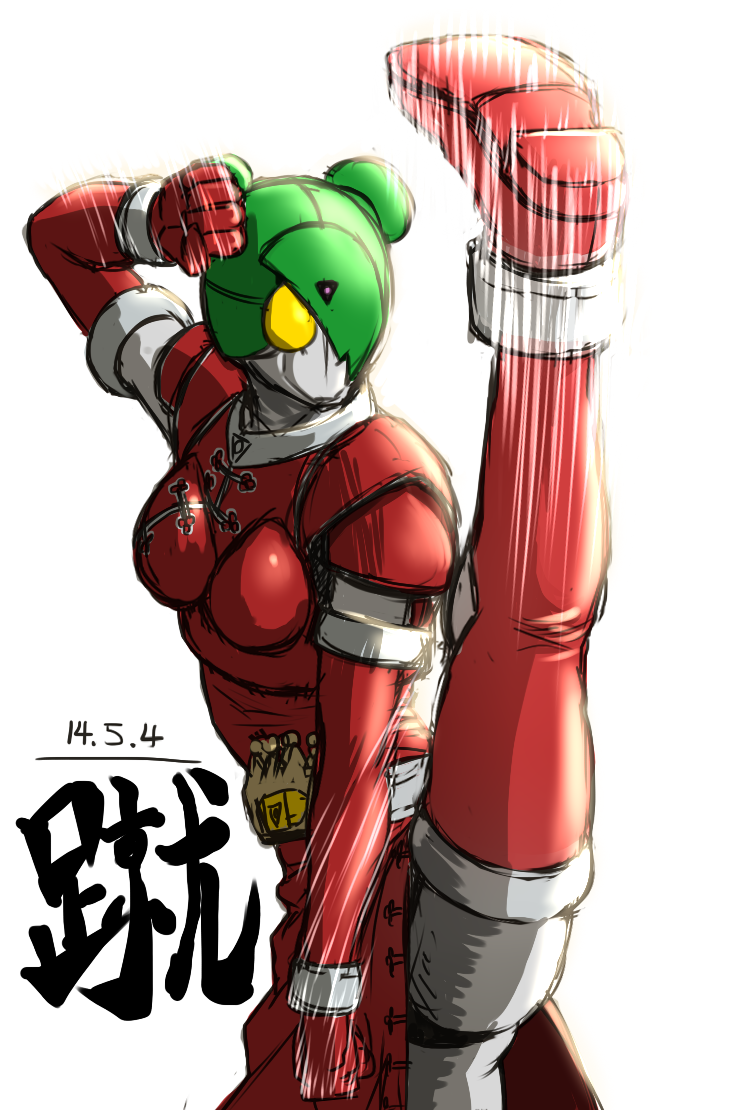 1girl, breasts, double_bun, female, fighting_stance, green_hair, hair_over_one_eye, high_kick