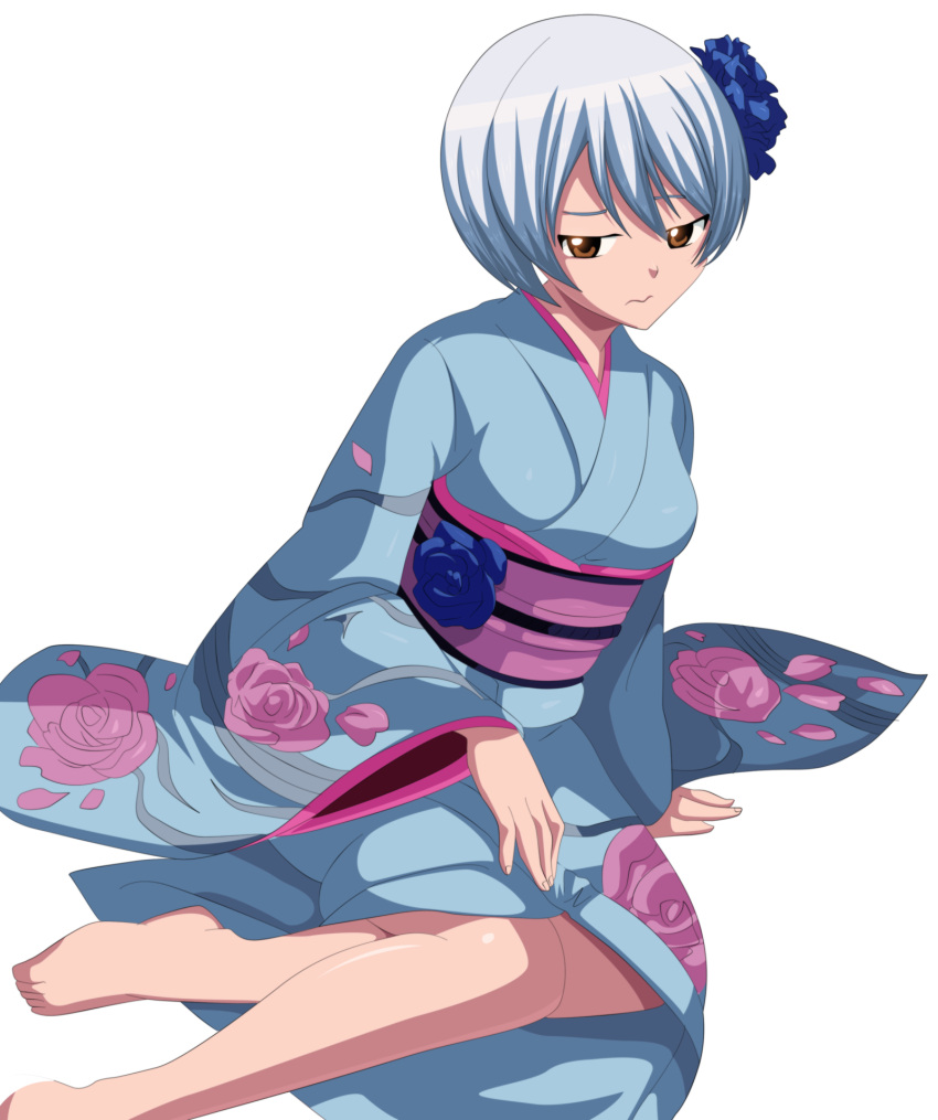 1girl, barefoot, breasts, brown_eyes, deviantart_thumbnail, fairy_tail, flower, flower_on_head