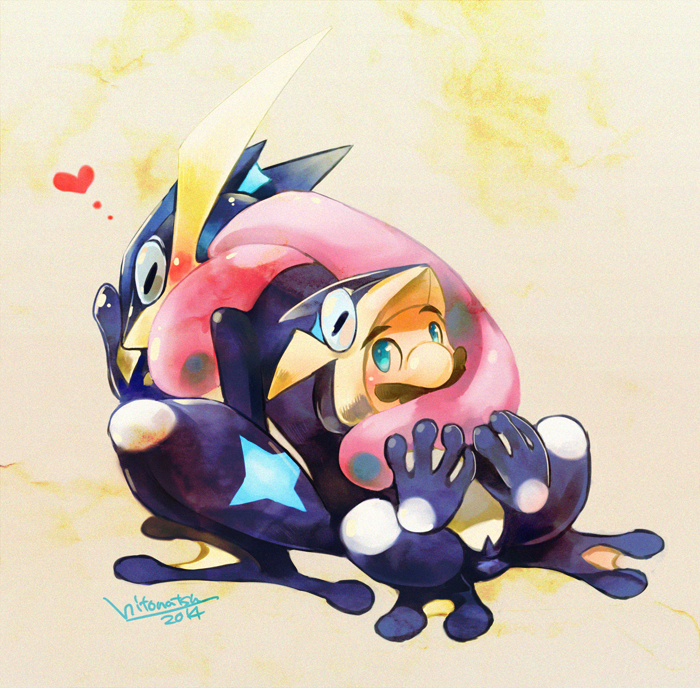 1boy, animal_costume, artist_name, blue_eyes, blush, facial_hair, frog, frog_costume