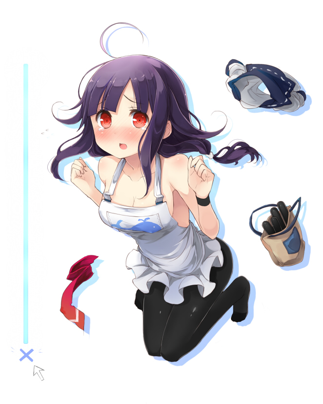 1girl, ahoge, apron, black_legwear, blush, breasts, cleavage, kantai_collection