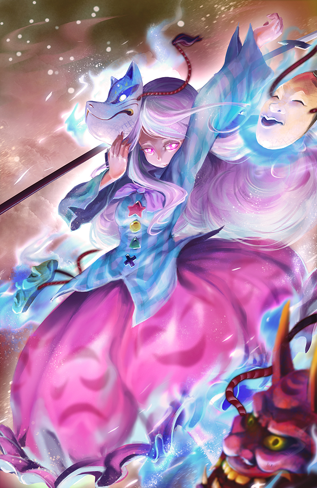 1girl, blurry, bow, bubble_skirt, depth_of_field, expressionless, fox_mask, hannya